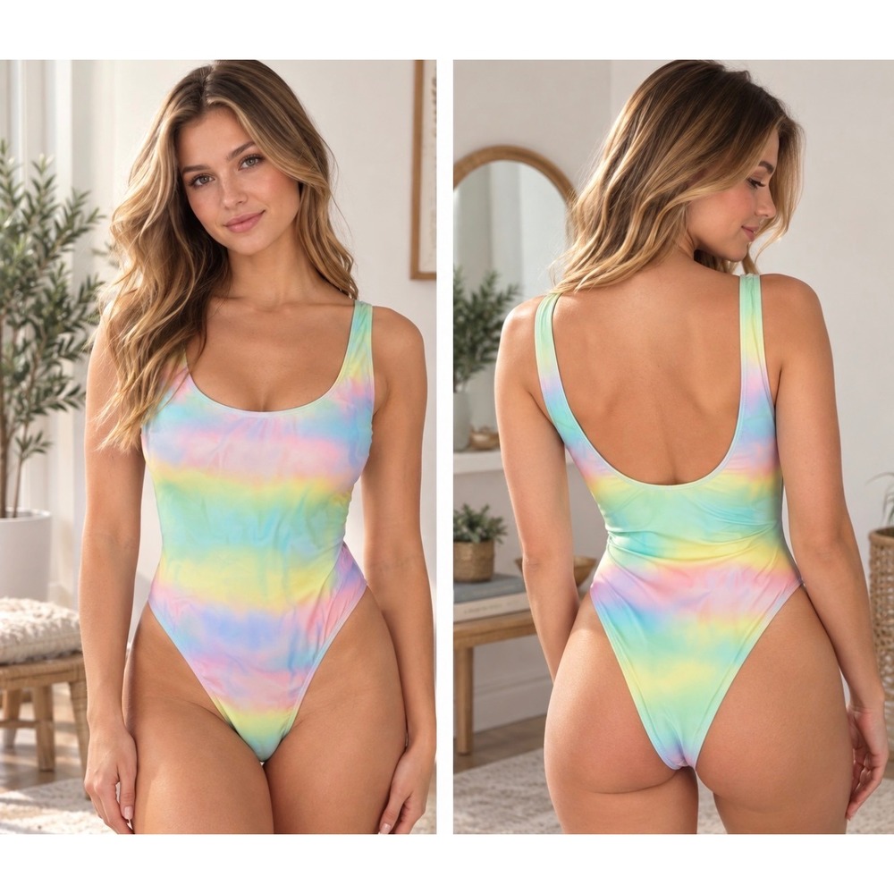 Forever 21 Pastel Rainbow Tie Dye One Piece Swimsuit XL Aqua Multi High Cut